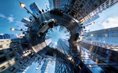 《盗梦空间》电影场景，城市街道向上折叠的震撼视觉效果